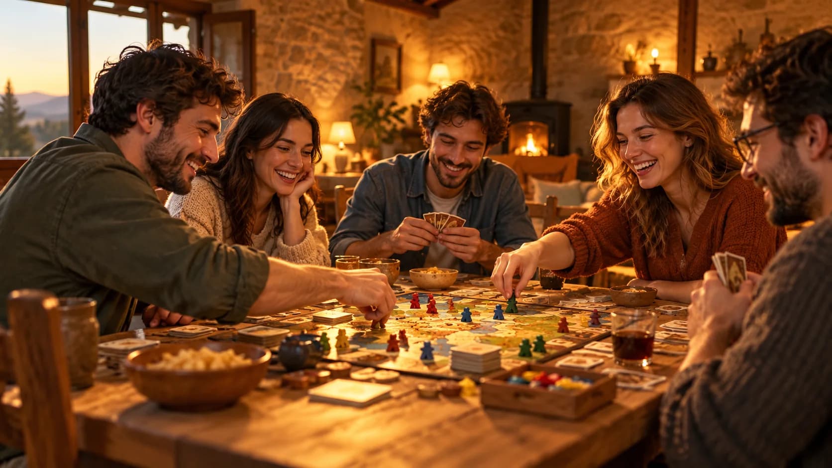 Grupo de amigos jugando a un juego de mesa en una casa rural