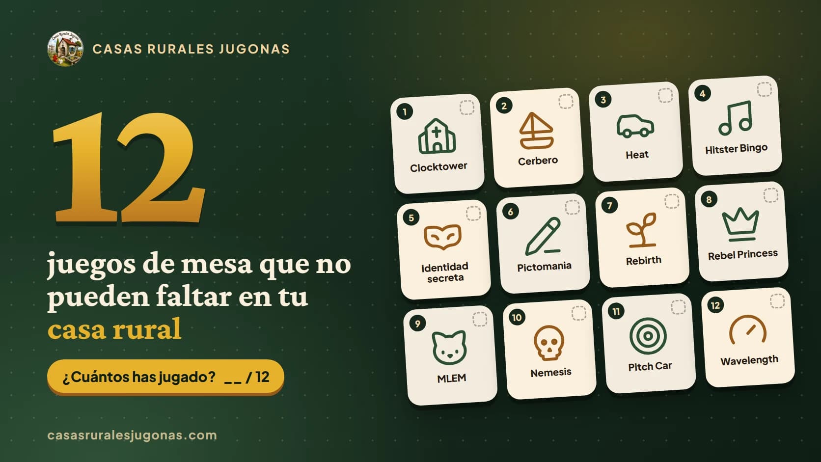 Doce fichas con un icono por juego y el título «12 juegos de mesa que no pueden faltar en tu casa rural»